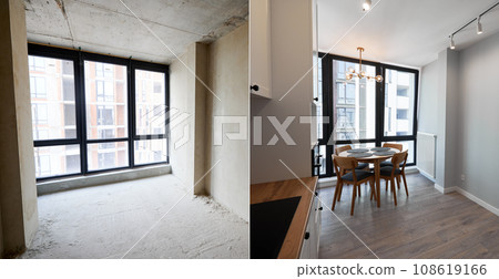 Empty room with large window before and after restoration. Comparison of old apartment and new flat with modern interior, parquet floor, table, chairs and white walls. Concept of home renovation. Empty room with large window before and after restoration. Comparison of old apartment and new flat with modern interior, parquet floor, table, chairs and white walls. Concept of home renovation. 108619166