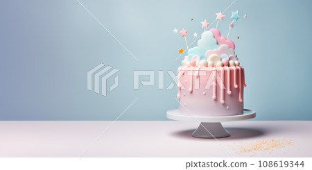 Birthday cake in bright colors for the gender party party. Birthday cake in bright colors for the gender party party. 108619344