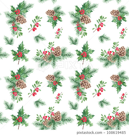 Christmas hand drawn seamless pattern with winter plants. Forest pine branches with cone, holly with red berries, cowberry or lingonberry. For fabric or textile prints, gift packaging paper. 108619485
