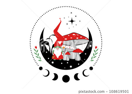 Magic Gnome in the mystical woods of mushrooms on crescent moon and stars. Christmas concept symbol, witchy esoteric fungus and moon phases. Magical Garden troll fairy tale character. Vector isolated Magic Gnome in the mystical woods of mushrooms on crescent moon and stars. Christmas concept symbol, witchy esoteric fungus and moon phases. Magical Garden troll fairy tale character. Vector isolated 108619501