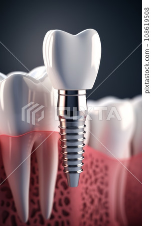 3d render of tooth implant with dental crowns over dark background 3d render of tooth implant with dental crowns over dark background 108619508