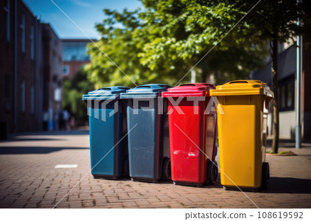 Colored garbage cans for sorting garbage. Generative AI 108619592
