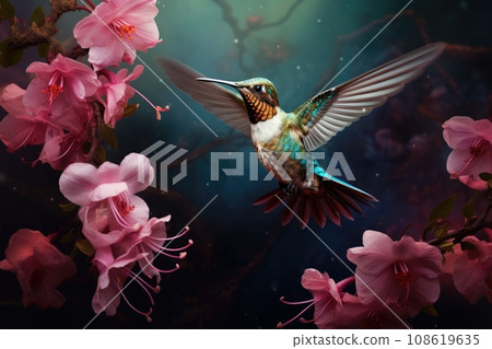 Flying hummingbird near blooming orchid 108619635