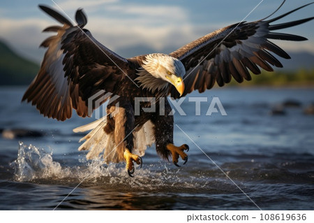 Flying blad eagle above the lake, Haliaeetus leucocephalus 108619636