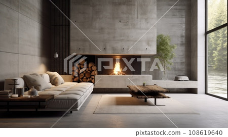 Minimalist interior style of modern living room with sofa, fireplace and concrete walls 108619640