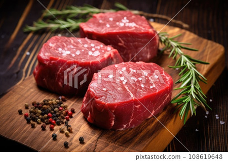 Raw beef fillet steaks with spices on wooden background 108619648
