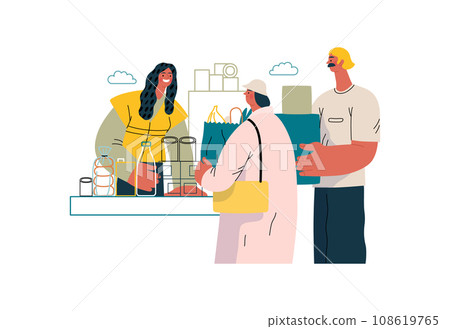Mutual Support: Bringing groceries to food bank -modern flat vector concept illustration of people donating food to food pantry A metaphor of voluntary, collaborative exchanges of resource, services 108619765