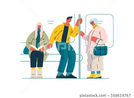 Mutual Support Giving up seat in public transport -modern flat vector concept illustration of man offering his seat to elderly woman on bus A metaphor of voluntary, collaborative exchanges of services 108619767