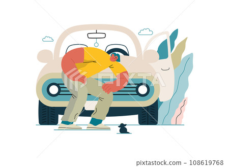 Mutual Support: Adopting a stray animal -modern flat vector concept illustration of man stopping his car for a kitten on the road A metaphor of voluntary, collaborative exchanges of resource, services 108619768