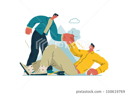 Mutual Support: Helping a fallen person get up -modern flat vector concept illustration of man assisting another man to stand up A metaphor of voluntary, collaborative exchanges of resource, services 108619769