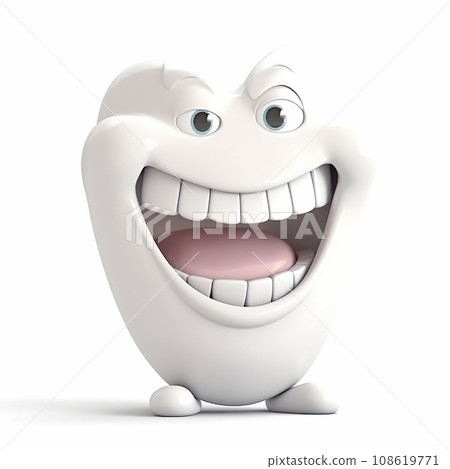 Cheerful smiling tooth,  funny cartoon 3d illustration on white background, creative avatar, advertising of dental services 108619771