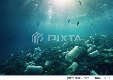 Plastic waste underwater, a plastic bottles in the sea 108619784