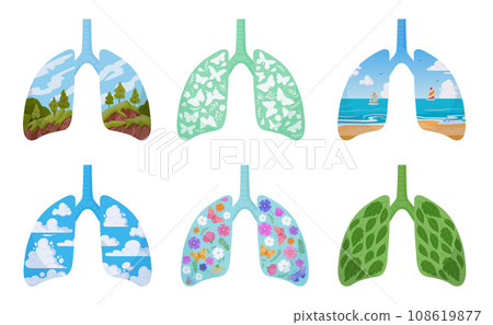 Cartoon clean lungs. Human healthy lungs, green planet lungs metaphor. Environment care concept flat vector illustration Cartoon clean lungs. Human healthy lungs, green planet lungs metaphor. Environment care concept flat vector illustration 108619877