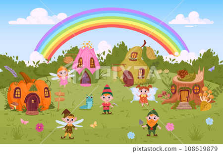 Cartoon fairy tale meadow. Fantasy world landscape with cute houses and characters, fairy and gnome little cabins flat vector illustration. Magical world panorama 108619879