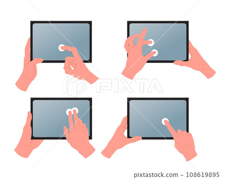 Tablet screen touch gestures. Cartoon hands holding and using digital tablet. Tap, zoom and swipe gestures flat vector illustration set. Hands working with gadgets 108619895