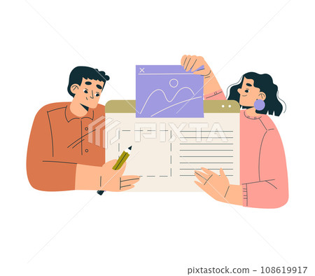 Business Concept with Man and Woman Character with Web Page Window Vector Illustration Business Concept with Man and Woman Character with Web Page Window Vector Illustration 108619917