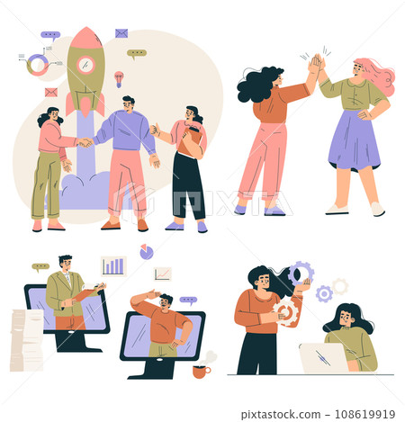 Business Concept with Man and Woman Character Engaged in Workflow Deal with Project Vector Set Business Concept with Man and Woman Character Engaged in Workflow Deal with Project Vector Set 108619919