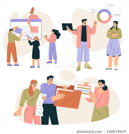Business Concept with Man and Woman Character Engaged in Workflow Deal with Project Vector Set Business Concept with Man and Woman Character Engaged in Workflow Deal with Project Vector Set 108619924