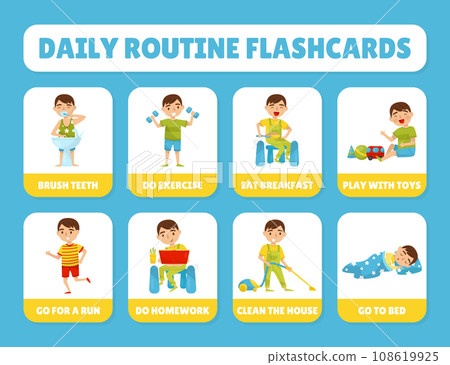 Little Boy Kid Engaged in Daily Routine Activity Card Vector Set Little Boy Kid Engaged in Daily Routine Activity Card Vector Set 108619925