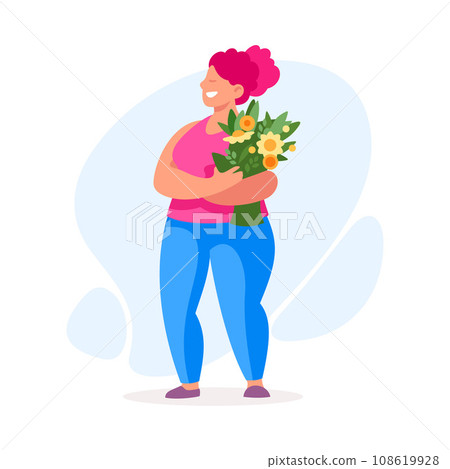 Body Positive Happy Woman Character with Cheerful Smile Holding Flower Bouquet Vector Illustration Body Positive Happy Woman Character with Cheerful Smile Holding Flower Bouquet Vector Illustration 108619928