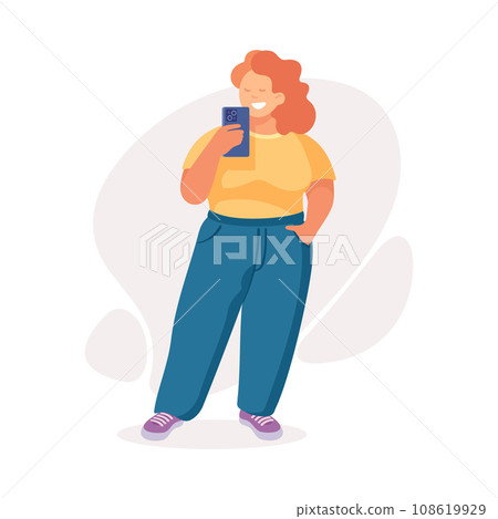 Body Positive Happy Woman Character with Cheerful Smile Standing with Smartphone Vector Illustration Body Positive Happy Woman Character with Cheerful Smile Standing with Smartphone Vector Illustration 108619929