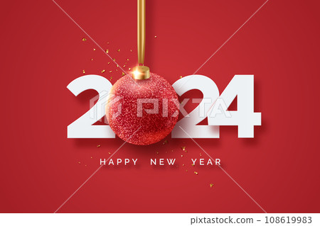 2024 Happy New Year. White numbers, confetti and Christmas ball hang on ribbon. Merry Christmas and New Year 2024 greeting card 2024 Happy New Year. White numbers, confetti and Christmas ball hang on ribbon. Merry Christmas and New Year 2024 greeting card 108619983