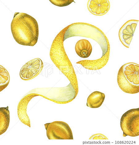 Watercolor lemon seamless pattern with lemons, cut lemon and slice, zest, peel. Hand drawn fresh yellow fruits isolated on white background. Painted Illustration for product design, print, fabric Watercolor lemon seamless pattern with lemons, cut lemon and slice, zest, peel. Hand drawn fresh yellow fruits isolated on white background. Painted Illustration for product design, print, fabric 108620224