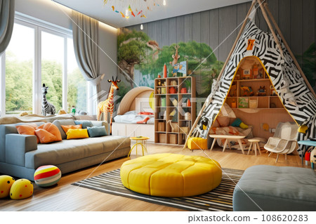 Stylish playroom interior with modern furniture, toys, games for kids 108620283