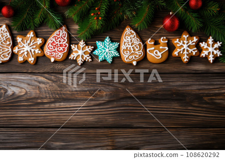 Christmas cookies candies and pine branches on wooden background 108620292