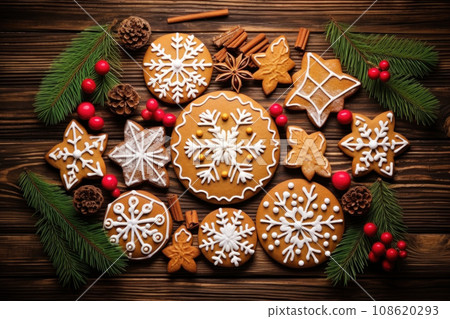 Christmas cookies candies and pine branches on wooden background Christmas cookies candies and pine branches on wooden background 108620293