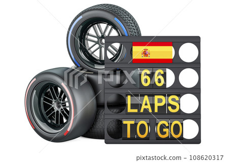 Spanish racing, pit board with flag of Spain and racing wheels with different compounds type tyres. 3D rendering Spanish racing, pit board with flag of Spain and racing wheels with different compounds type tyres. 3D rendering 108620317