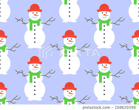 Seamless pattern with snowmen in a hat and scarf. Winter Christmas background with three-ball snowman. Xmas design for wrapping paper, banners and promotional items. Vector illustration Seamless pattern with snowmen in a hat and scarf. Winter Christmas background with three-ball snowman. Xmas design for wrapping paper, banners and promotional items. Vector illustration 108620398