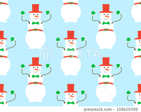Seamless pattern with snowmen in a hat, bow tie for suit and mittens. Winter Christmas background with a snowman made of three snow balls. Xmas design for banner and poster. Vector illustration 108620399