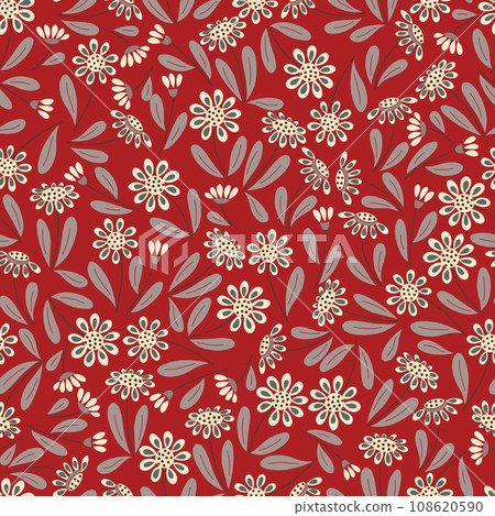 Daisy floral seamless pattern. Hand drawn white flowers on red background. 108620590