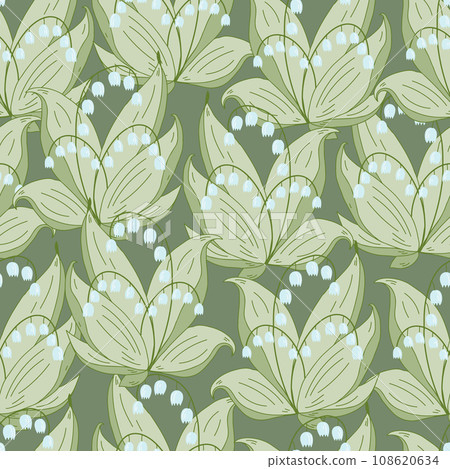 Lily-of-the-valley floral seamless pattern. Hand drawn white flowers on green background. 108620634