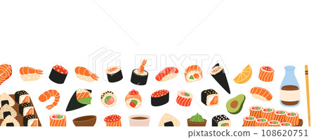 Sushi banner. Sushi and rolls horizontal background. Tobiko maki, philadelphia roll, onigiri, shrimp nigiri, tekkamaki tuna roll, futomaki Sushi banner. Sushi and rolls horizontal background. Tobiko maki, philadelphia roll, onigiri, shrimp nigiri, tekkamaki tuna roll, futomaki 108620751