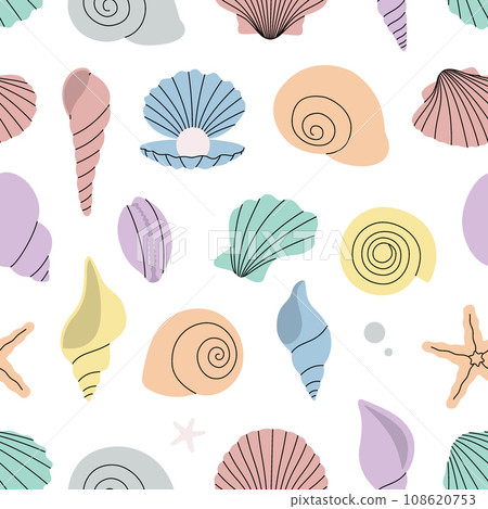 Sea shells pattern. Mollusks background. Tropical underwater shells. Vector illustration. 108620753