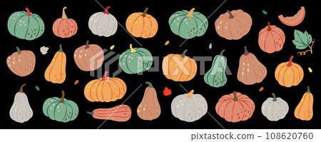 Autumn halloween pumpkins. Pumpkins set. Autumn halloween vegetables. Vector illustration. 108620760