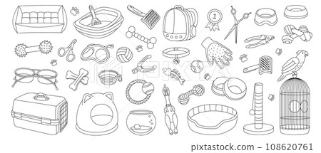 Pet supplies outline set. Animal accessories. Sleeping pillow, chew toy, medal, scissors, nail clipper, brush, fur remover, aquarium, backpack carrier 108620761