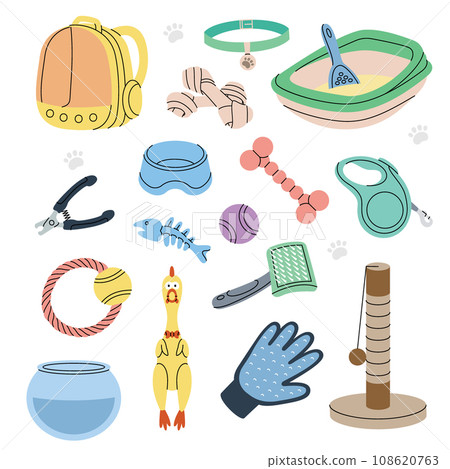 Pet supplies. Pet backpack carrier, rubber chicken, balls, fish bone skeleton, chew toys, bowls, cat litter box, tape measure leash. Animals accessories, toy supplies. 108620763