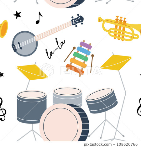 Musical instruments seamless pattern. Tuba, trumpet, drum flute, horn, lute, violin, electric bass guitar. Colored musical instruments background Musical instruments seamless pattern. Tuba, trumpet, drum flute, horn, lute, violin, electric bass guitar. Colored musical instruments background 108620766