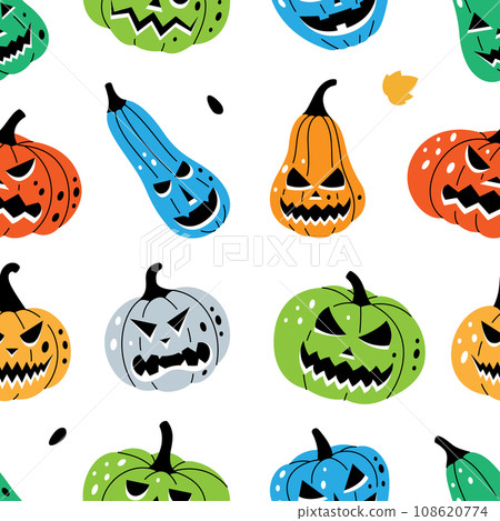 Pumpkins scary faces pattern. Autumn pumpkins faces seamless background. Autumn halloween vegetables banner. Vector illustration. 108620774