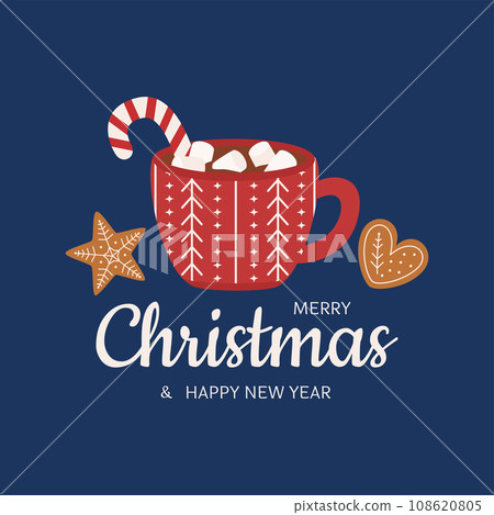 Christmas greeting card template with gingerbread, candy cane and a cup of hot drink with marshmallows. Vector illustration in flat style Christmas greeting card template with gingerbread, candy cane and a cup of hot drink with marshmallows. Vector illustration in flat style 108620805
