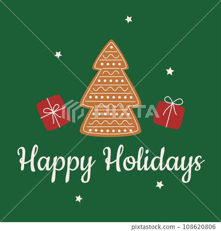 Christmas greeting card template with gingerbread, gifts and stars. Happy Holidays card. Vector illustration in flat style 108620806