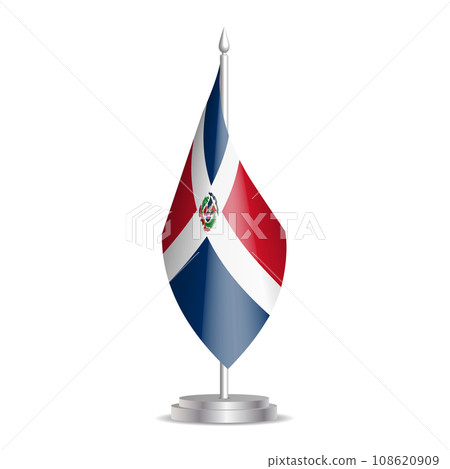 Dominican Republic flag - 3D mini flag hanging on desktop flagpole. Usable for summit or conference presentaiton. Vector illustration with shading. Dominican Republic flag - 3D mini flag hanging on desktop flagpole. Usable for summit or conference presentaiton. Vector illustration with shading. 108620909