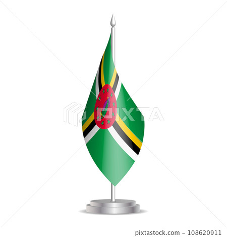 Dominica flag - 3D mini flag hanging on desktop flagpole. Usable for summit or conference presentaiton. Vector illustration with shading. 108620911