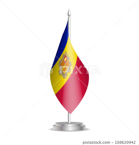 Andorra flag - 3D mini flag hanging on desktop flagpole. Usable for summit or conference presentaiton. Vector illustration with shading. 108620942