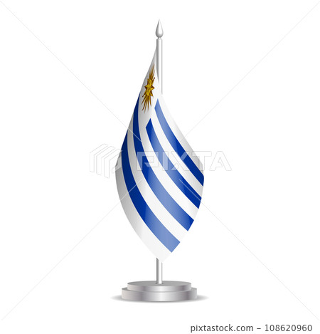 Uruguay flag - 3D mini flag hanging on desktop flagpole. Usable for summit or conference presentaiton. Vector illustration with shading. 108620960