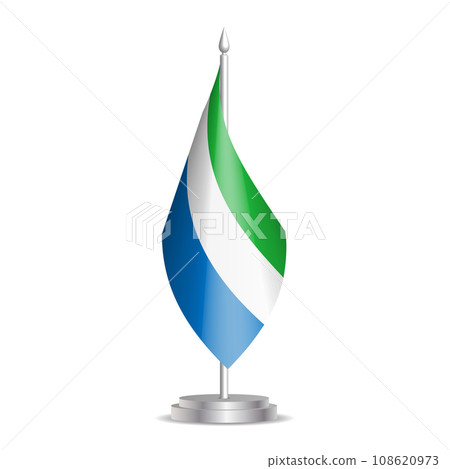 Sierra Leone flag - 3D mini flag hanging on desktop flagpole. Usable for summit or conference presentaiton. Vector illustration with shading. 108620973