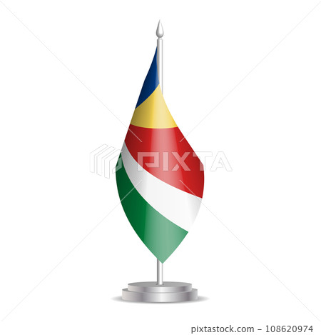 Seychelles flag - 3D mini flag hanging on desktop flagpole. Usable for summit or conference presentaiton. Vector illustration with shading. 108620974